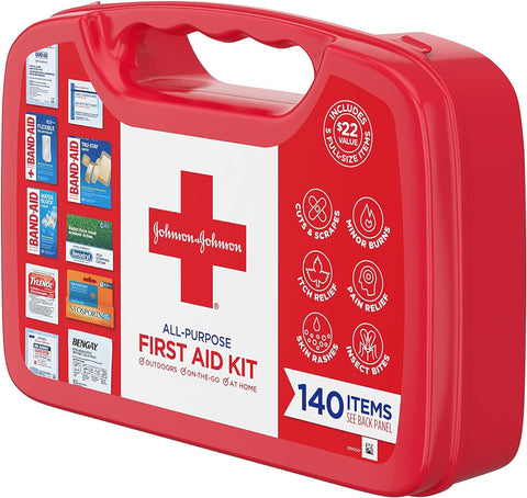 Johnson & Johnson All-Purpose Portable Compact First Aid Kit for Minor Cuts, Scrapes, Sprains & Burns, Ideal for Home, Car, Travel and Outdoor Emergencies, 140 Pieces