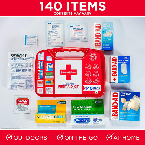 Johnson & Johnson All-Purpose Portable Compact First Aid Kit for Minor Cuts, Scrapes, Sprains & Burns, Ideal for Home, Car, Travel and Outdoor Emergencies, 140 Pieces - Health Korea Shop